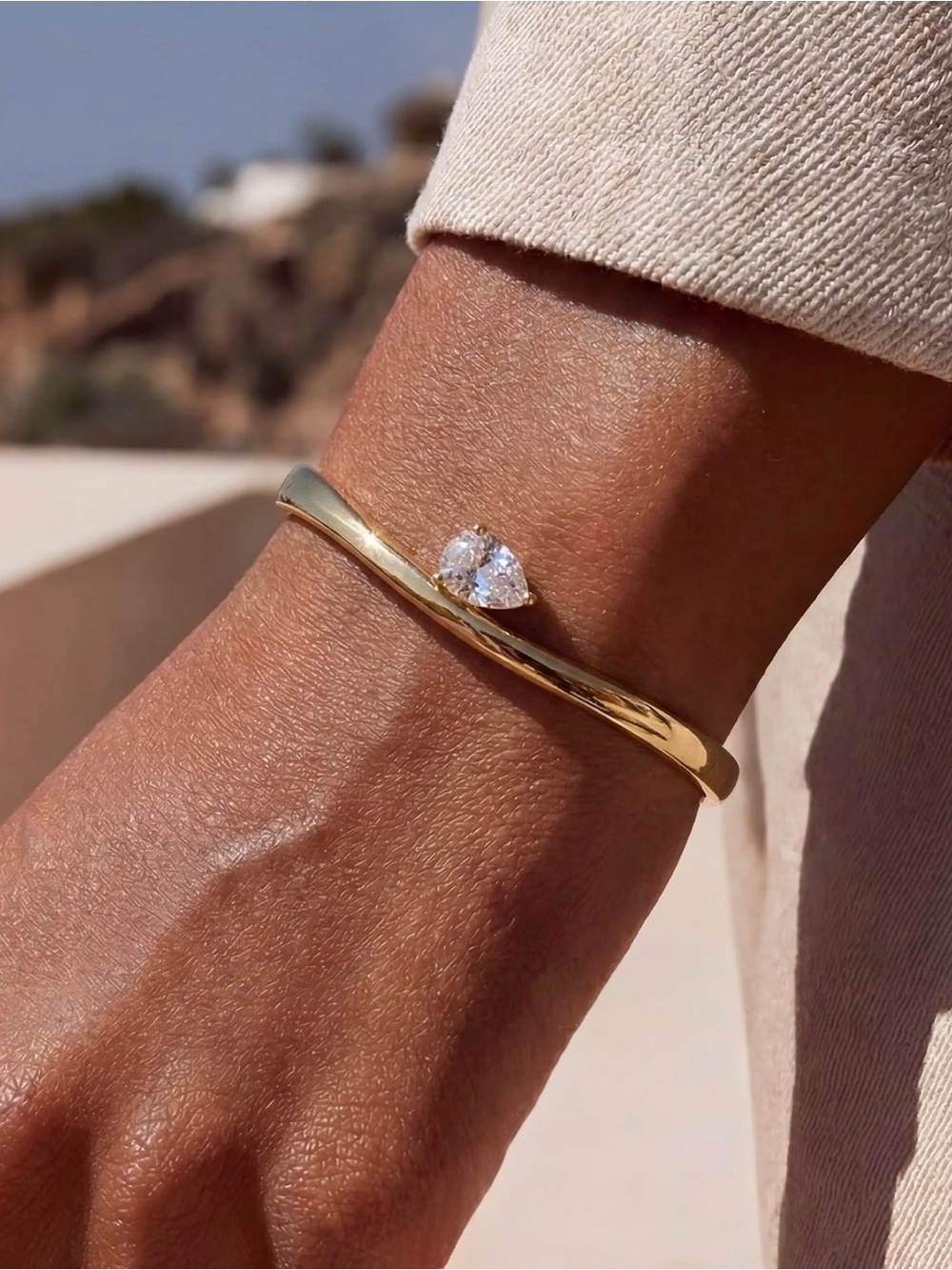 14K Gold Plated Rhodium Pear Cut Solitaire Wave Cuff Bangle Bracelet